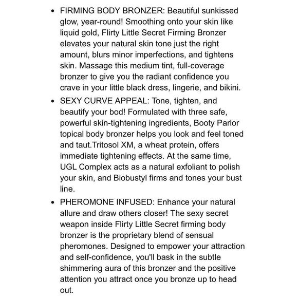 Booty Parlor Flirty Little Secret Firming Bronzer Lotion W/ Pheromones 4.5oz NEW - Picture 13 of 14